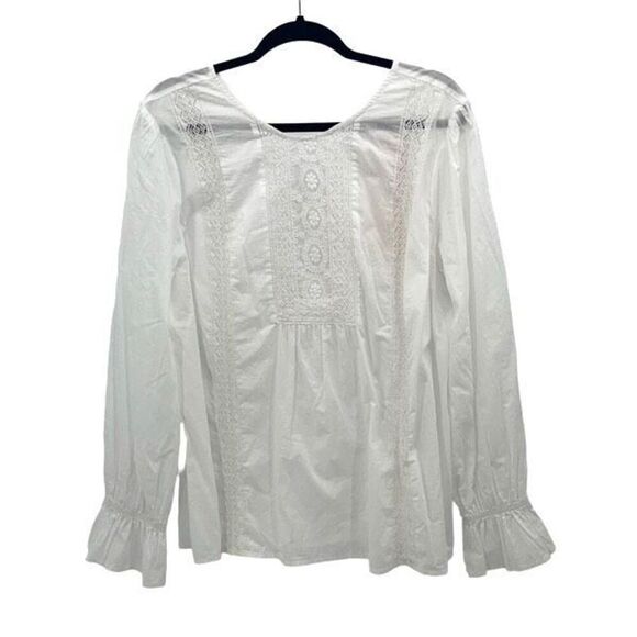 NYDJ Womens Lace Trim Ruffle Long Sleeve Victoria Blouse Top White Large NWT - Picture 2 of 9